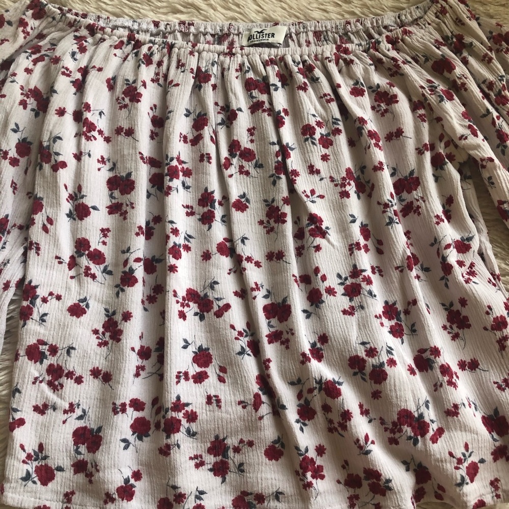 red and white flower off the shoulder shirt